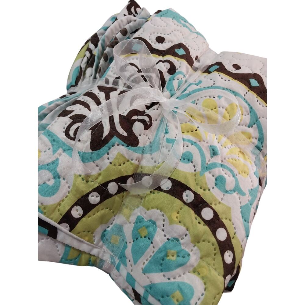 SPIRIT LINEN! WHITE W/YELLOW, AQUA & BROWN MANDALA QUILT & 2 SHAMS! SZ QN